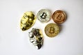 Silver gold and brass bitcoins