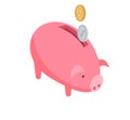 Silver and Gold Coins Falling into Pink Piggy Bank Royalty Free Stock Photo