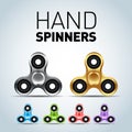 Silver, gold and color fidget spinners and text info. Fidget spinner isolated illustration.