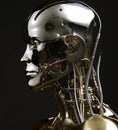 Silver and gold cyborgs: the perfect fusion of man and machine in the symbol of human biotechnology.