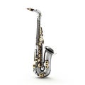 A shiny silver and gold saxophone on a clean white background