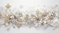 Silver-gold stylish Christmas decor with a spruce twig, balls, snowflakes, stars on a white background. New Year's