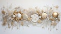 Silver-gold stylish Christmas decor with a spruce twig, balls, snowflakes, stars on a white background. New Year's