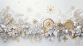 Silver-gold stylish Christmas decor with a spruce twig, balls, snowflakes, stars on a white background. New Year's