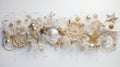 Silver-gold stylish modern Christmas decor with a spruce twig, balls, snowflakes, stars on a white background. New Year