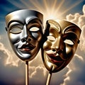 Silver and gold theatrical masks against background of blue sky with clouds and sun rays Royalty Free Stock Photo