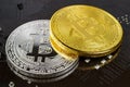 Silver and golden bitcoins on the black background closeup. Cryptocurrency virtual money Royalty Free Stock Photo