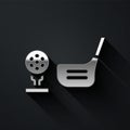 Silver Golf flag and golf ball on tee icon isolated on black background. Golf equipment or accessory. Long shadow style Royalty Free Stock Photo