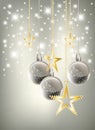 Silver graded Christmas background with golden stars and silver baubles Royalty Free Stock Photo