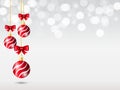 Silver Gradient background with white bokeh light. Christmas background with three hanging red ball decoration and red bow ribbon Royalty Free Stock Photo