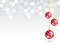 Silver Gradient background with white bokeh light. Christmas background with three hanging red ribbon ball decoration Royalty Free Stock Photo