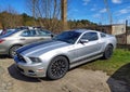 Silver grey muscle sport car Ford Mustang parked