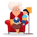 Silver haired grandma sitting in armchair and reading a book to her granddaughter.