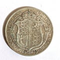 Silver Half Crown Coin Close Up on White Bckground King George V 1916 Royalty Free Stock Photo