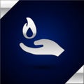 Silver Hand holding a fire icon isolated on dark blue background. Vector Illustration. Royalty Free Stock Photo