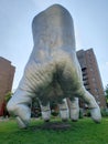 Silver hand sculpture in University Circle uptown district of Cleveland