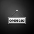 Silver Hanging sign with text Open 24-7 hours icon isolated on black background. Business theme for cafe or restaurant