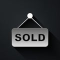 Silver Hanging sign with text Sold icon isolated on black background. Auction sold. Sold signboard. Bidding concept Royalty Free Stock Photo