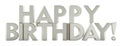 Silver Happy Birthday inscription, front view. 3D rendering