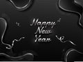 Silver Happy New Year Text with Confetti Ribbon on Black Fluid art Background