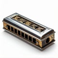 Silver Harmonica with Golden Details on a White Background Closeup Royalty Free Stock Photo