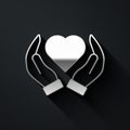 Silver Heart in hand icon isolated on black background. Hand giving love symbol. Valentines day symbol. Long shadow Royalty Free Stock Photo