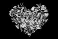 Silver heart made of flower petals on black background isolated close up, decorative grey shiny metal heart shape ornament