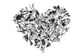 Silver heart made of flower petals on white background isolated close up, decorative grey shiny metal heart shape ornament