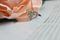 Silver Pendant In The Form Of A Heart On The Background Of A Blossoming Rose