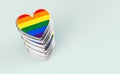 Silver hearts with rainbow flag inside stack or pile. Gay pride, LGBT, bisexual, homosexual symbol concept. Isolated on pastel