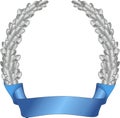 Silver heraldic laurel wreath with blue ribbon on a white background