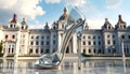 Silver high heel shoe is on a wet surface in front of a large building Royalty Free Stock Photo