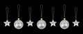 Silver ÃÂ¡hristmas tree decorations set black background isolated closeup, glass balls & metal stars hanging on thread collection