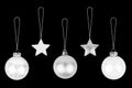 Silver ÃÂ¡hristmas tree decorations set black background isolated closeup, glass balls & metal stars hanging on thread collection