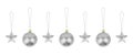 Silver ÃÂ¡hristmas tree decorations set white background isolated closeup, glass balls & metal stars hanging on thread collection Royalty Free Stock Photo