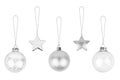 Silver ÃÂ¡hristmas tree decorations set white background isolated closeup, glass balls & metal stars hanging on thread collection