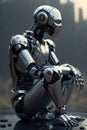 Silver human robot sitting and thinking in city, created using generative ai technology Royalty Free Stock Photo