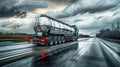 A silver industrial oil tanker drives down a rain-soaked highway, transporting petroleum products for delivery and distribution Royalty Free Stock Photo
