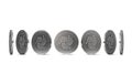 Silver IOTA coin shown from seven angles isolated on white background. Easy to cut out and use particular coin angle.