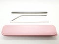 Silver Iron Stainless Steel Drinking Straw with Beautiful Pink Box in white isolated background 01 Royalty Free Stock Photo