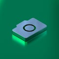 Silver isometric camera icon on emerald background