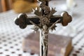 Silver Jesus cross. crucifix with metal Jesus Christ figure for prayer concept Royalty Free Stock Photo