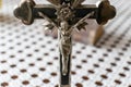 Silver Jesus cross. crucifix with metal Jesus Christ figure for prayer concept Royalty Free Stock Photo