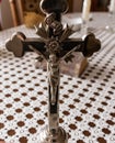 Silver Jesus cross. crucifix with metal Jesus Christ figure for prayer concept Royalty Free Stock Photo