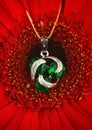 Silver jewellery pendant with gems and emerald on flower background