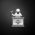 Silver Judge with gavel on table icon isolated on black background. Long shadow style. Vector