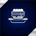 Silver Junk food icon isolated on dark blue background. Prohibited hot dog. No Fast food sign. Vector Royalty Free Stock Photo