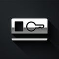 Silver Key card icon isolated on black background. Long shadow style. Vector Royalty Free Stock Photo