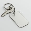 A silver key with a jagged edge is attached to a plain, rectangular metallic key tag wit Royalty Free Stock Photo