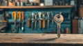 Silver key on wooden counter in workshop setting with organized tools and key racks in the background. concept of Royalty Free Stock Photo
